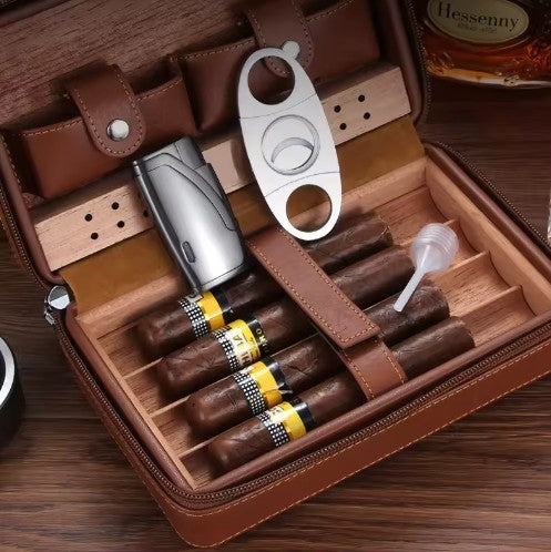 Premium Leather Travel Cigar Case - Portable Humidor