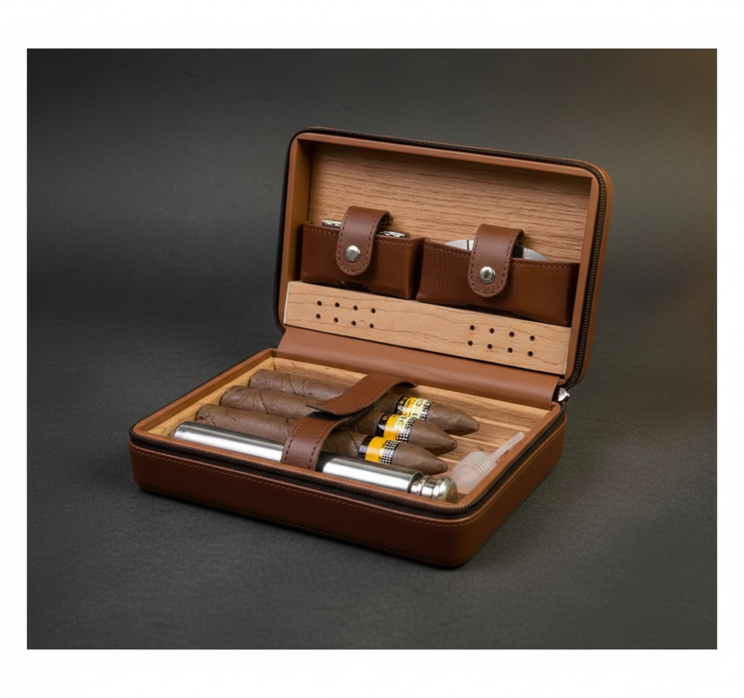 Premium Leather Travel Cigar Case - Portable Humidor