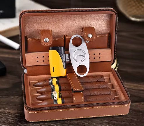 Premium Leather Travel Cigar Case - Portable Humidor